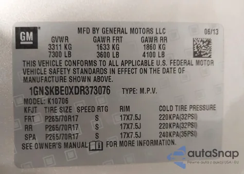 2013 Chevrolet Tahoe Lt z USA, uszkodzony, nr VIN 1GNSKBE0XDR373076